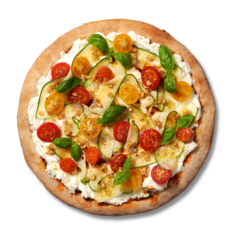 Più o meno, pizza bianca con zucchine e pomodorini
